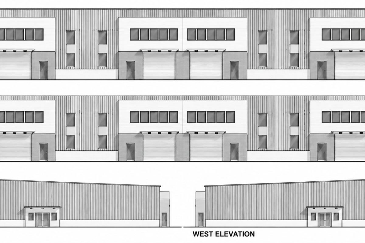 Architectural elevation drawings showing the north, south, east, and west facades of the industrial building design.