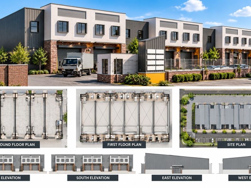 A comprehensive architectural presentation featuring an industrial property exterior, detailed floor plans, site layout, and building elevations.