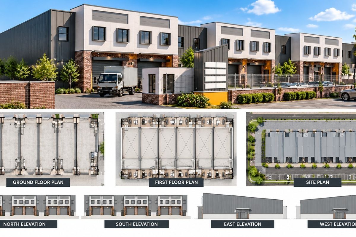 A comprehensive architectural presentation featuring an industrial property exterior, detailed floor plans, site layout, and building elevations.