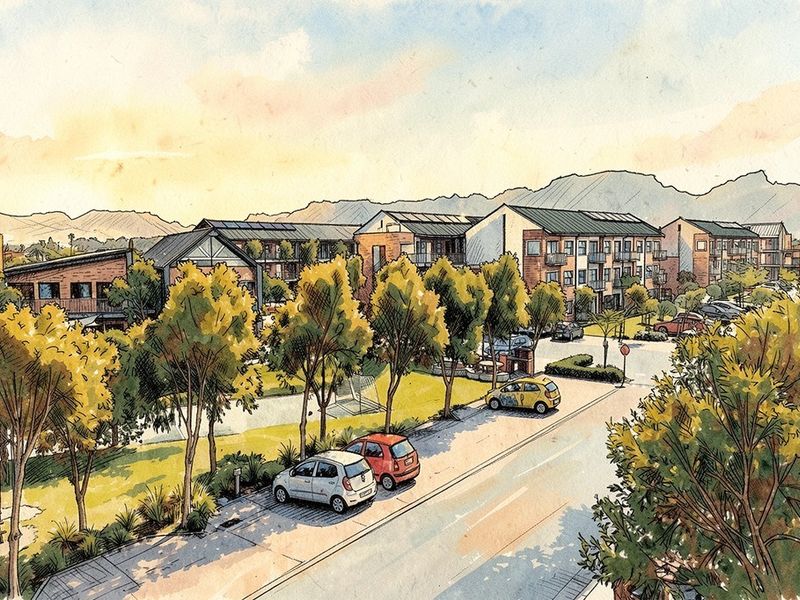An artistic architectural rendering of a modern apartment complex featuring multi-story buildings, landscaped surroundings, and mountain views.