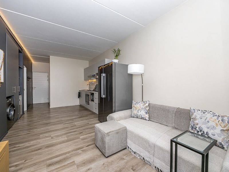 Modern open-plan living area featuring a sleek kitchen with integrated appliances, laminate flooring, and a dedicated built-in laundry space.