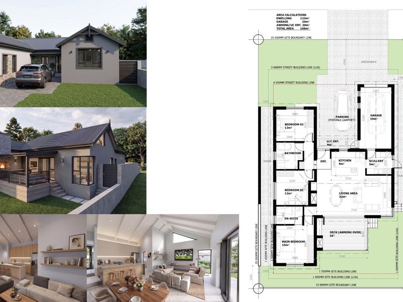 A comprehensive architectural floor plan and 3D exterior renderings for a residential property, detailing the layout and site dimensions.