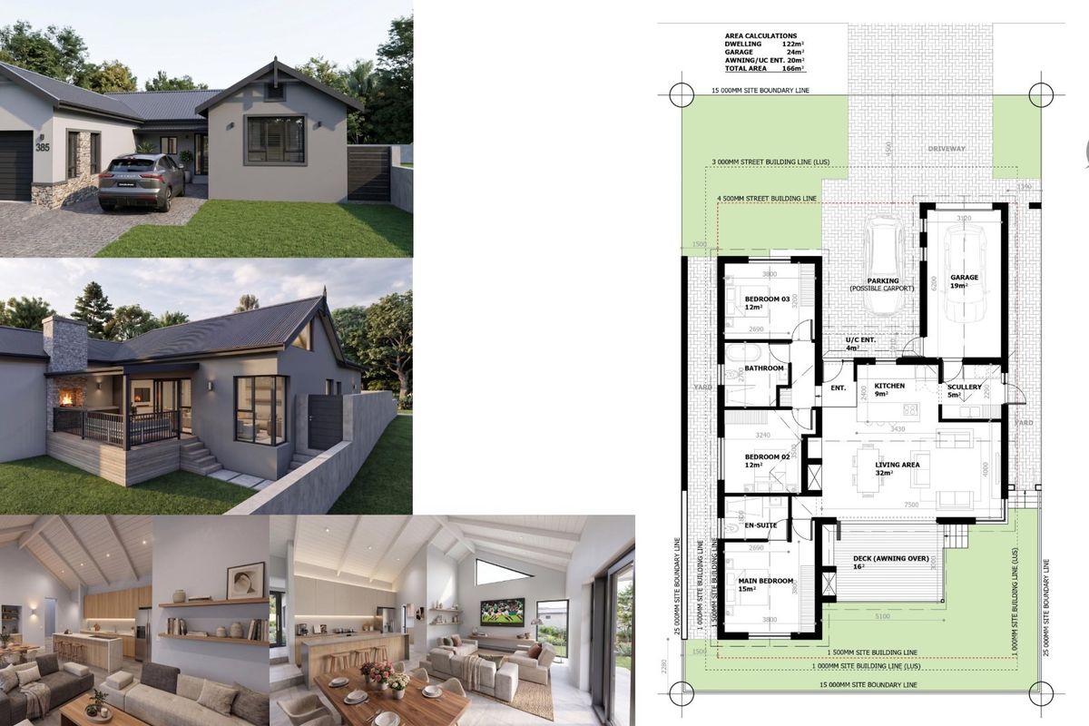 A comprehensive architectural floor plan and 3D exterior renderings for a residential property, detailing the layout and site dimensions.