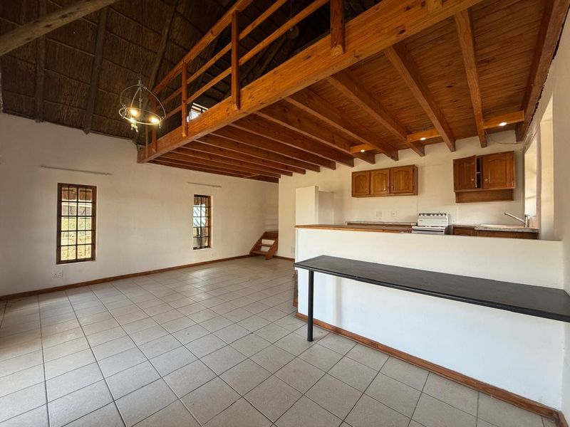 Open-plan living area featuring a double-volume thatch ceiling, exposed timber beams, a mezzanine loft, and a functional kitchen with a breakfast counter.