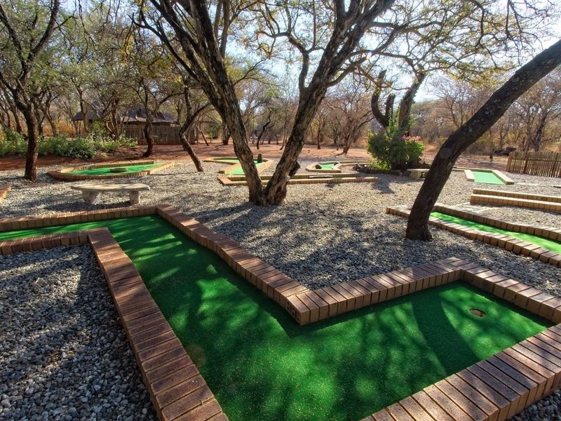 A well-maintained outdoor miniature golf course featuring brick-edged artificial turf greens set within a natural, tree-lined landscape.