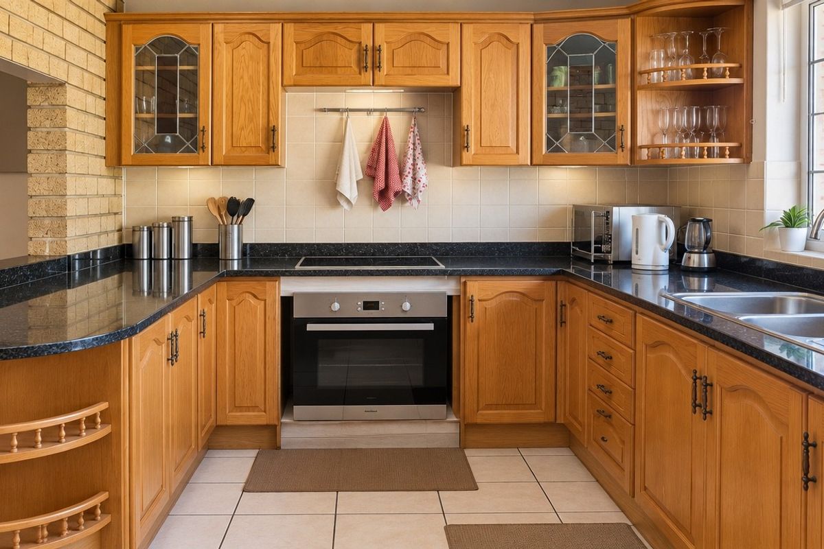 A functional kitchen featuring wooden cabinetry, dark laminate countertops, a built-in oven, electric cooktop, and a brick feature wall.