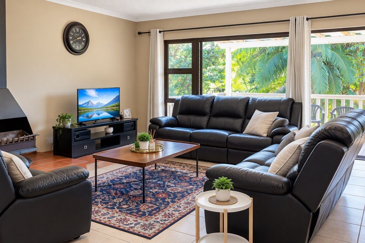 A comfortable living room featuring a modern freestanding fireplace, neutral tiled flooring, and large sliding glass doors that provide access to an outdoor patio area.