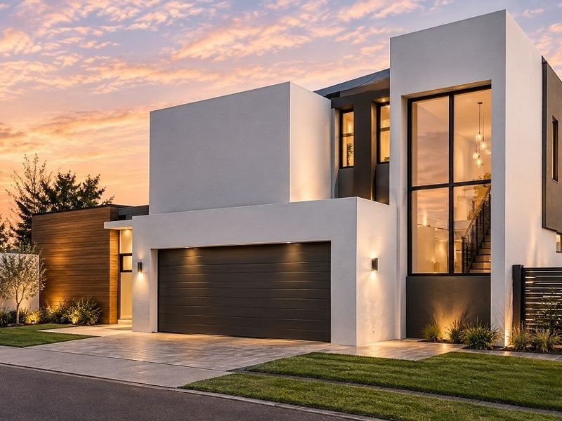 A modern, architecturally designed two-story home featuring a double garage, large glass windows, and contemporary exterior finishes at dusk.