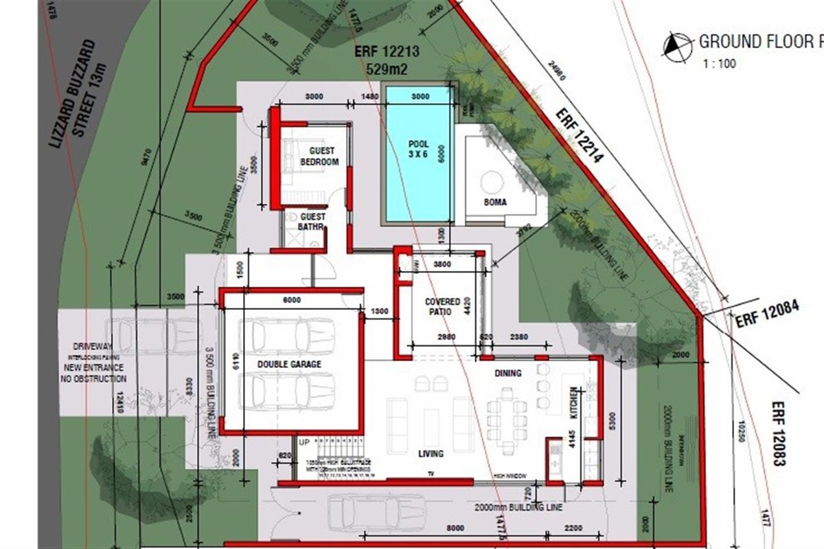 A detailed ground floor architectural plan for a residential property, showcasing the layout of the living spaces, garage, pool, and outdoor boma area.
