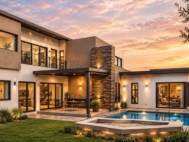 Stunning rear exterior view featuring a modern home with a swimming pool, stone feature wall, covered patio, and beautifully landscaped garden at sunset.