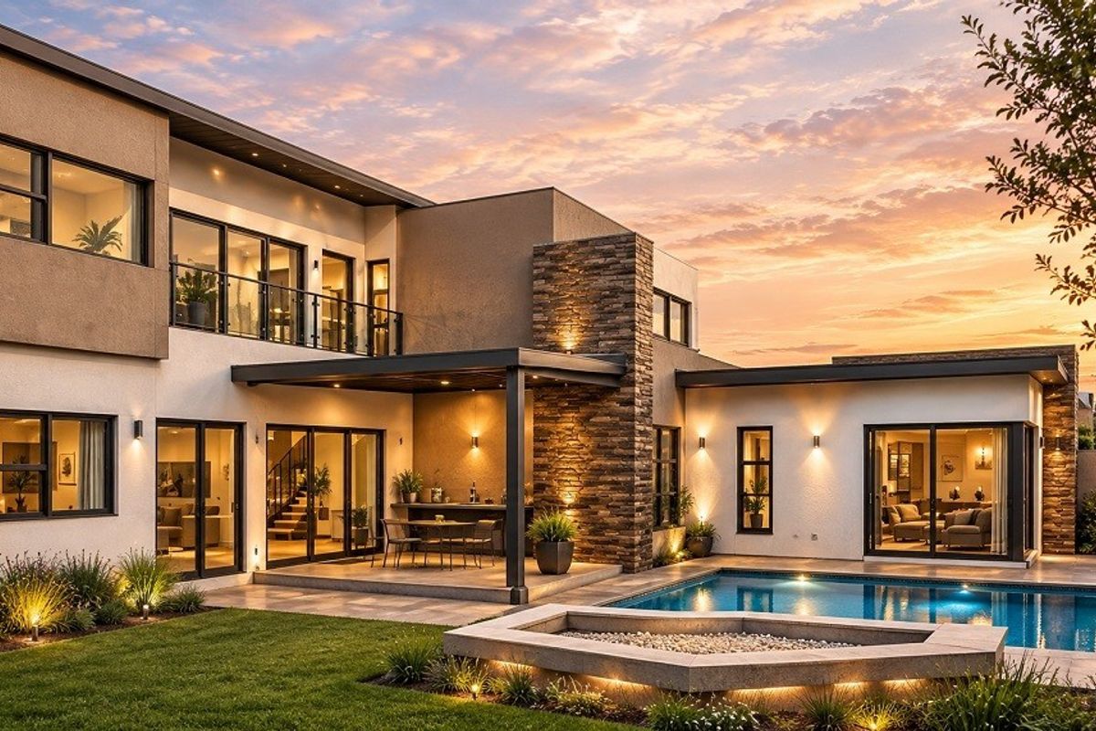 Stunning rear exterior view featuring a modern home with a swimming pool, stone feature wall, covered patio, and beautifully landscaped garden at sunset.