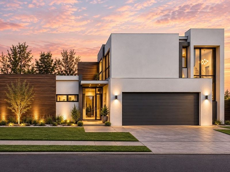 A stunning modern two-story residence featuring a double garage, timber accents, and professional exterior lighting at dusk.