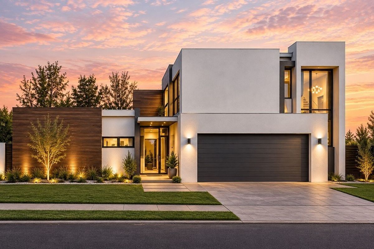 A stunning modern two-story residence featuring a double garage, timber accents, and professional exterior lighting at dusk.