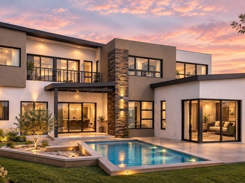Modern double-story residence featuring a swimming pool, stone-clad accents, expansive sliding glass doors, and a well-maintained landscaped garden at dusk.
