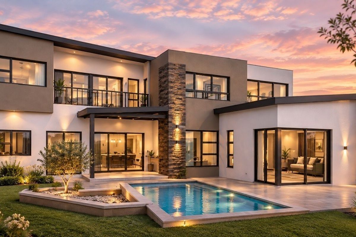 Modern double-story residence featuring a swimming pool, stone-clad accents, expansive sliding glass doors, and a well-maintained landscaped garden at dusk.