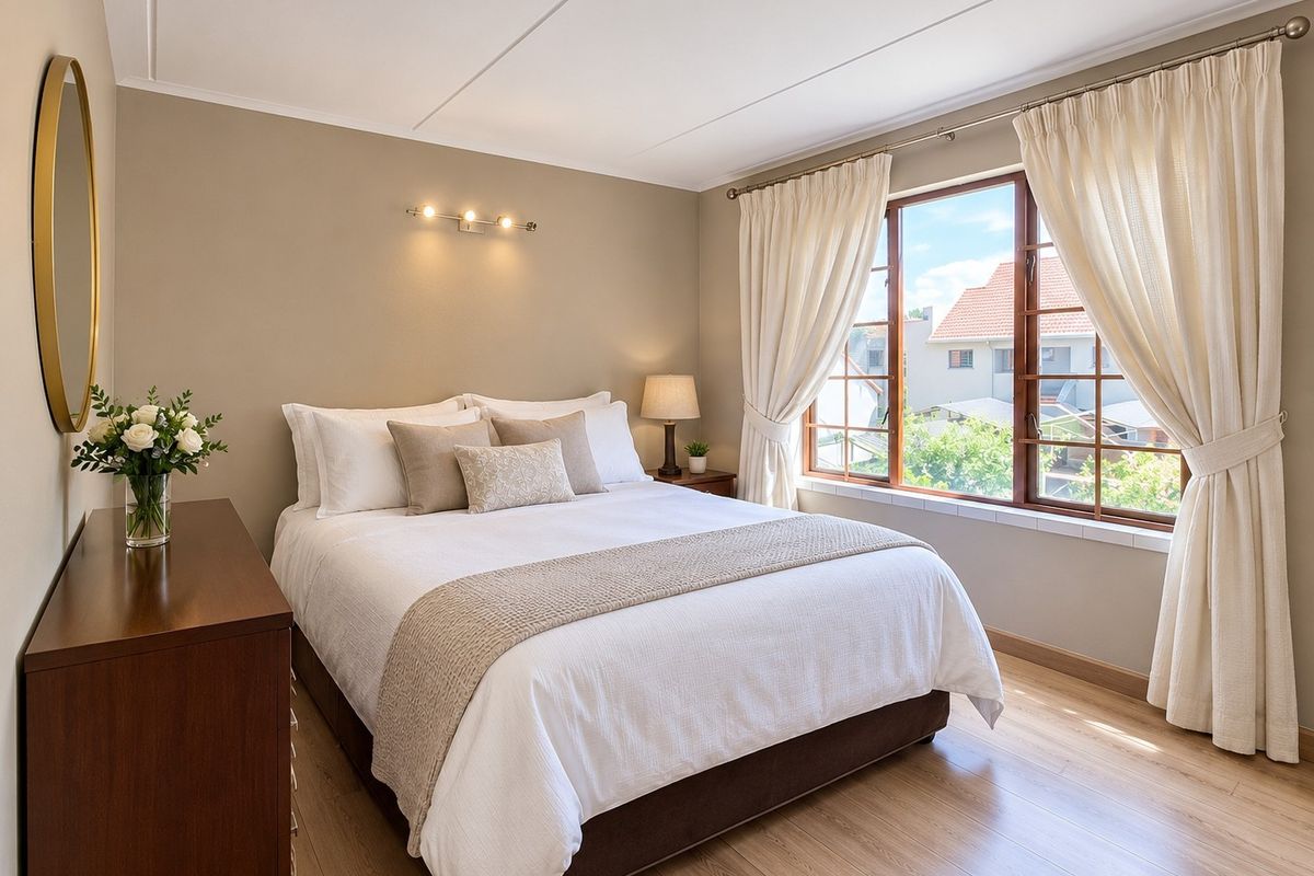 A well-maintained bedroom featuring laminate flooring, neutral wall tones, and large windows that provide natural light and a pleasant exterior view.