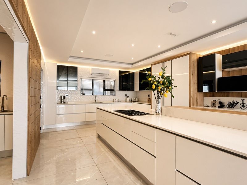 Modern, high-end kitchen featuring a large central island, sleek cabinetry, stone countertops, and integrated appliances with recessed lighting and polished tile floors.