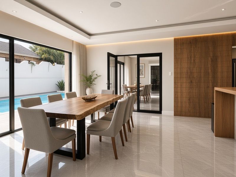 Modern open-plan dining and kitchen area featuring marble-look flooring, recessed lighting, wood paneling, and seamless access to the outdoor pool area.