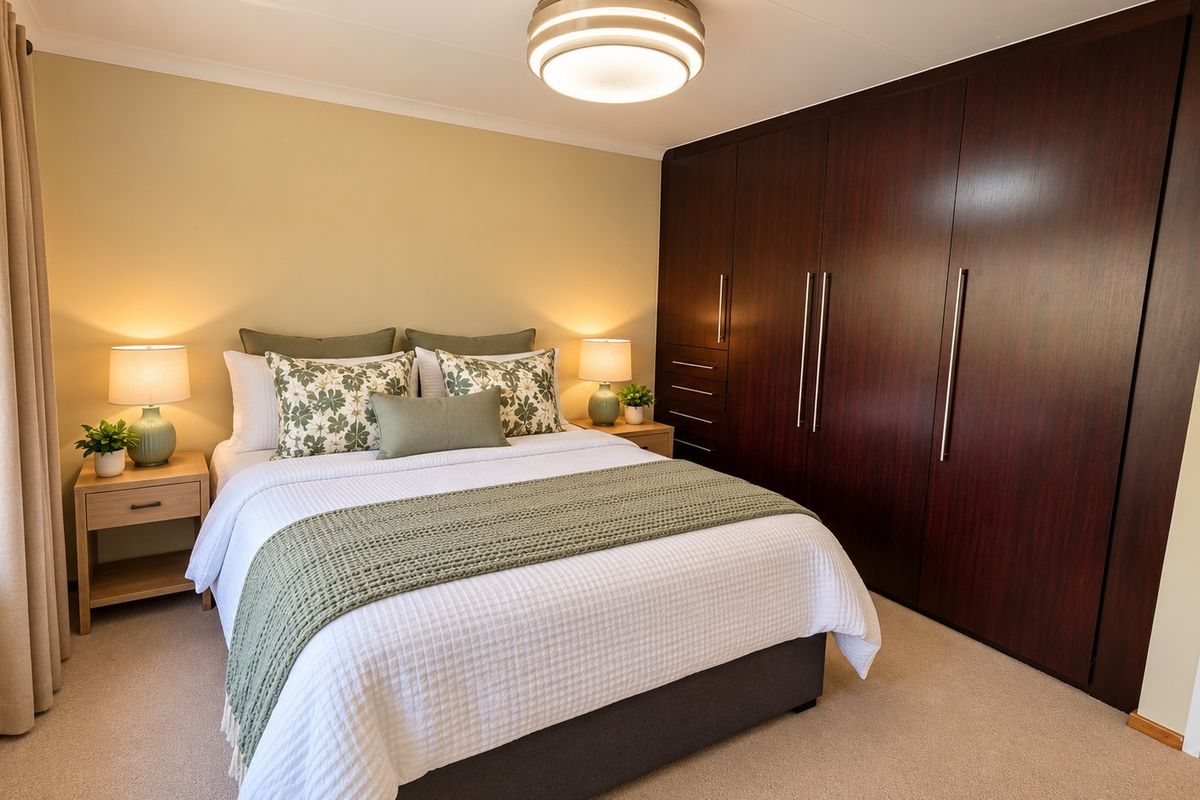 A well-maintained bedroom featuring neutral walls, carpet flooring, and extensive dark wood built-in cabinetry providing ample storage space.
