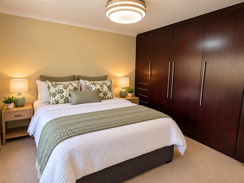 A well-maintained bedroom featuring neutral walls, carpet flooring, and extensive dark wood built-in cabinetry providing ample storage space.