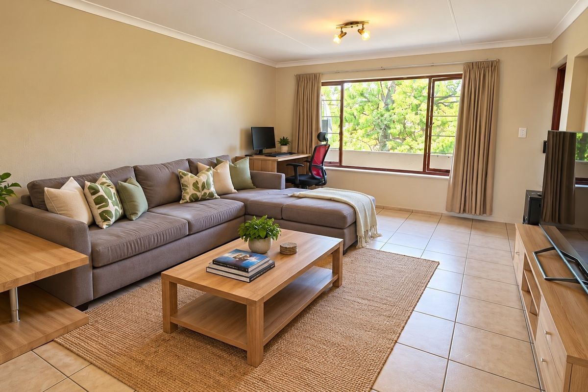 A bright and spacious living room featuring neutral tiled flooring, large windows allowing natural light, and a clean, well-maintained interior finish.