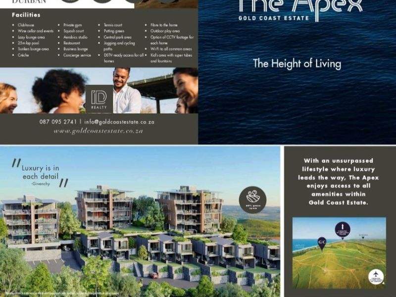 A promotional marketing collage for The Apex at Gold Coast Estate, featuring location maps, architectural renderings, and lifestyle imagery.