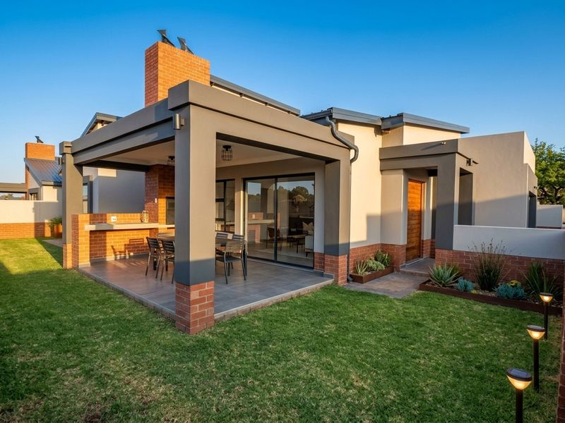 Modern rear exterior featuring a covered patio with a built-in braai, sliding glass doors, and a well-maintained garden.