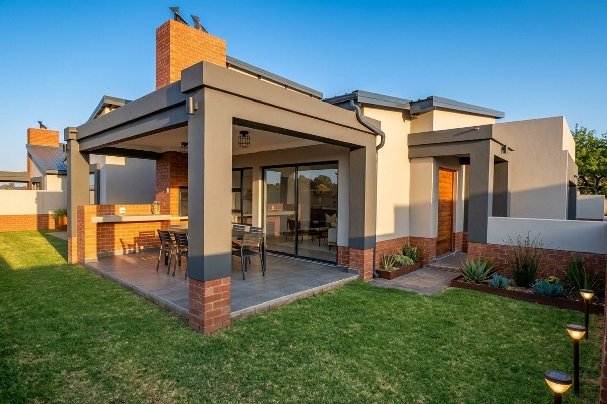 Modern rear exterior featuring a covered patio with a built-in braai, sliding glass doors, and a well-maintained garden.