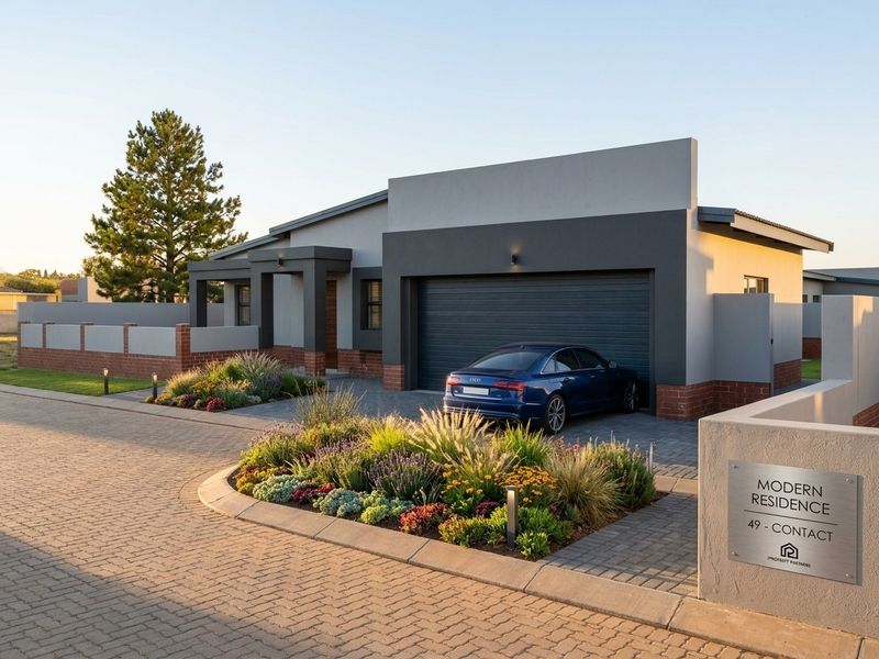 Modern single-story residence featuring a paved driveway, landscaped garden, and an integrated garage with a contemporary facade.