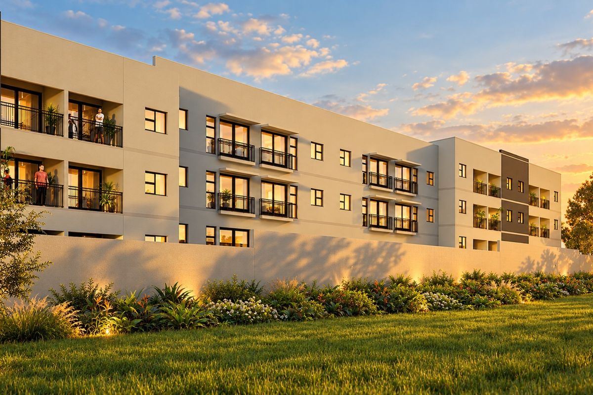 A modern apartment building exterior featuring private balconies, a perimeter wall, and well-maintained landscaped gardens at sunset.