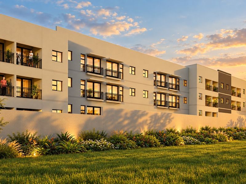 A modern apartment building exterior featuring private balconies, a perimeter wall, and well-maintained landscaped gardens at sunset.