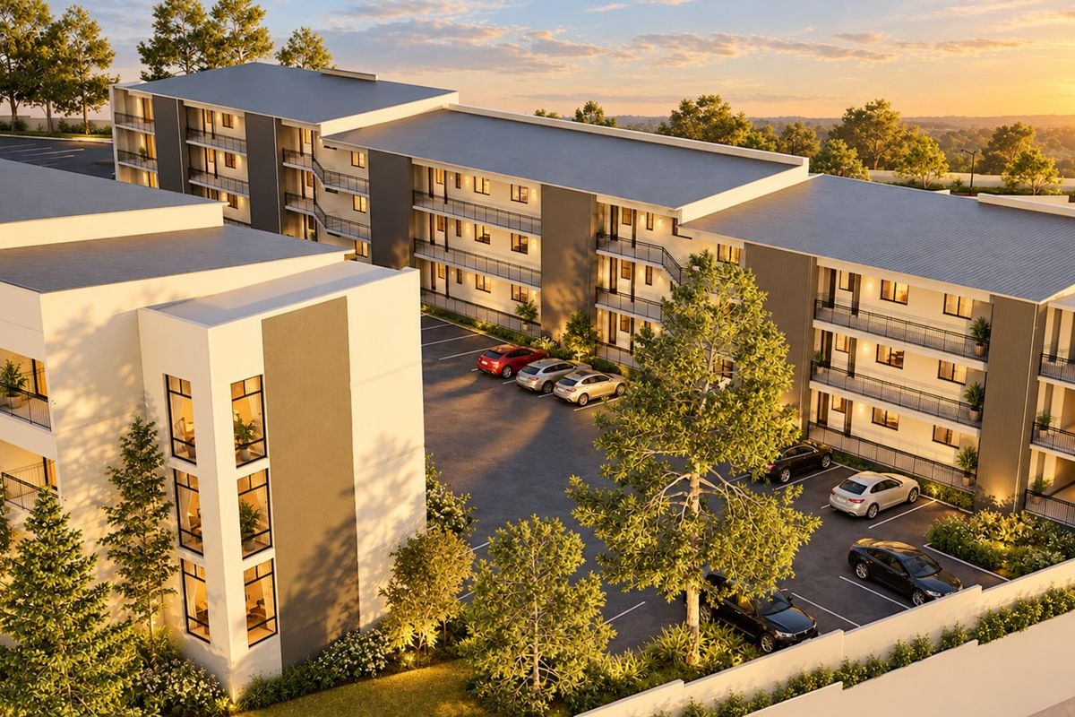 Aerial view of a modern multi-story apartment complex featuring dedicated parking, landscaped grounds, and private balconies at sunset.