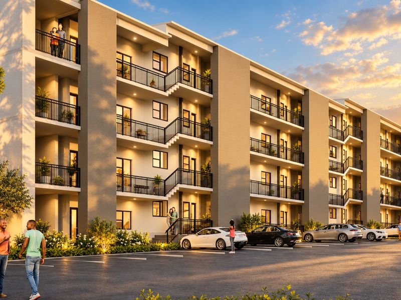 A modern multi-story apartment building exterior featuring balconies, external staircases, and a paved parking area at sunset.