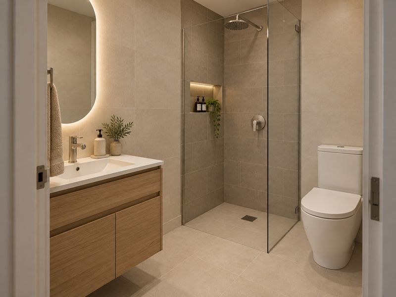 Modern bathroom featuring a wall-mounted vanity, backlit mirror, walk-in shower with a recessed niche, and high-quality porcelain tiling throughout.