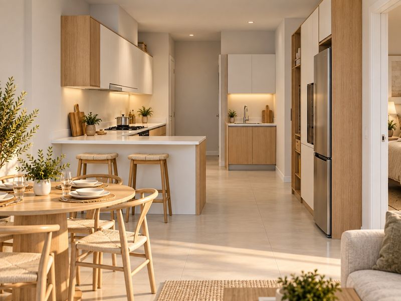 Modern open-plan kitchen featuring light wood cabinetry, quartz countertops, integrated appliances, and warm under-cabinet lighting, seamlessly flowing into the dining and living areas.