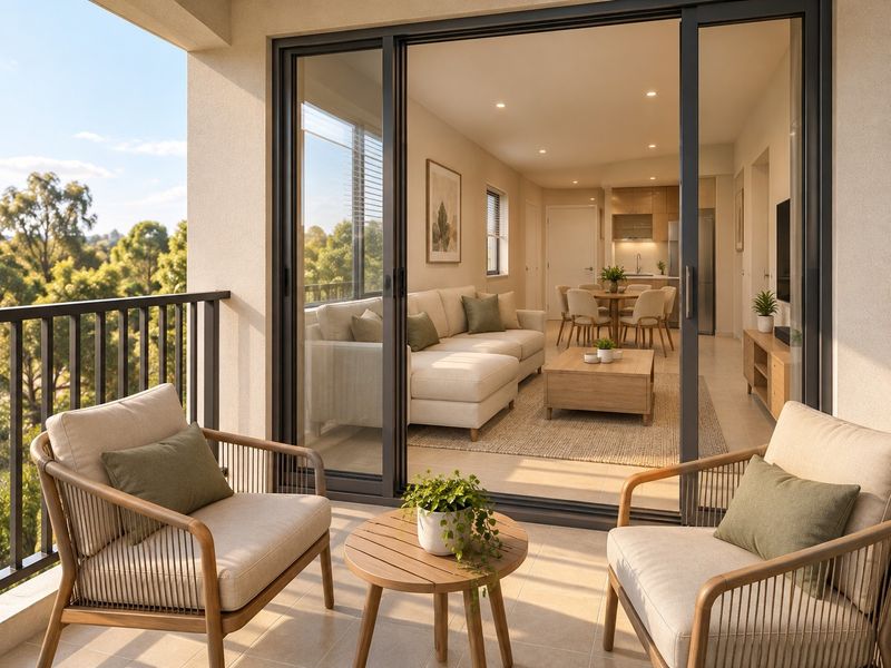 A bright open-plan living and dining area seamlessly connected to a private balcony through large sliding glass doors, featuring modern finishes and neutral tones.