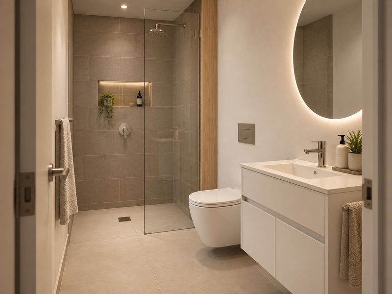 Modern bathroom featuring a walk-in shower with a recessed niche, wall-mounted toilet, and a sleek vanity with a backlit circular mirror.