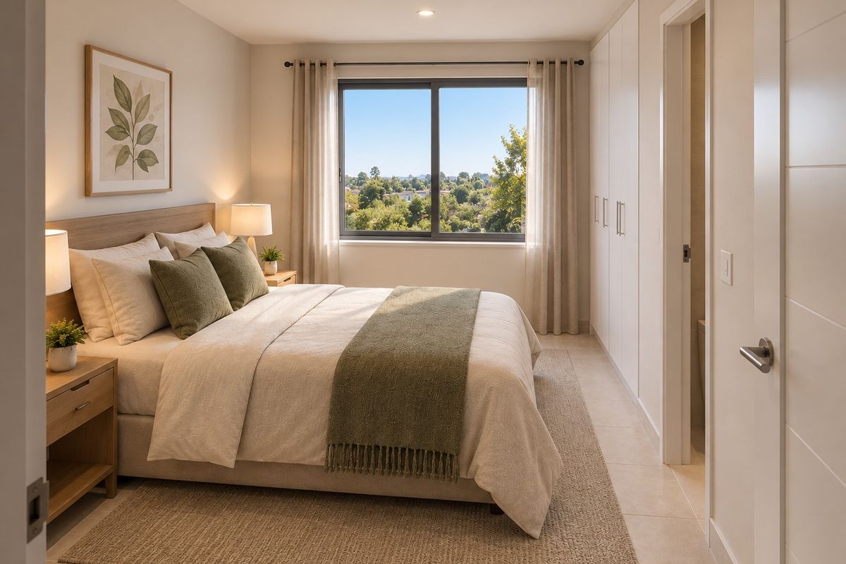 A bright and modern bedroom featuring built-in wardrobes, tiled flooring, and a large window offering pleasant outdoor views.