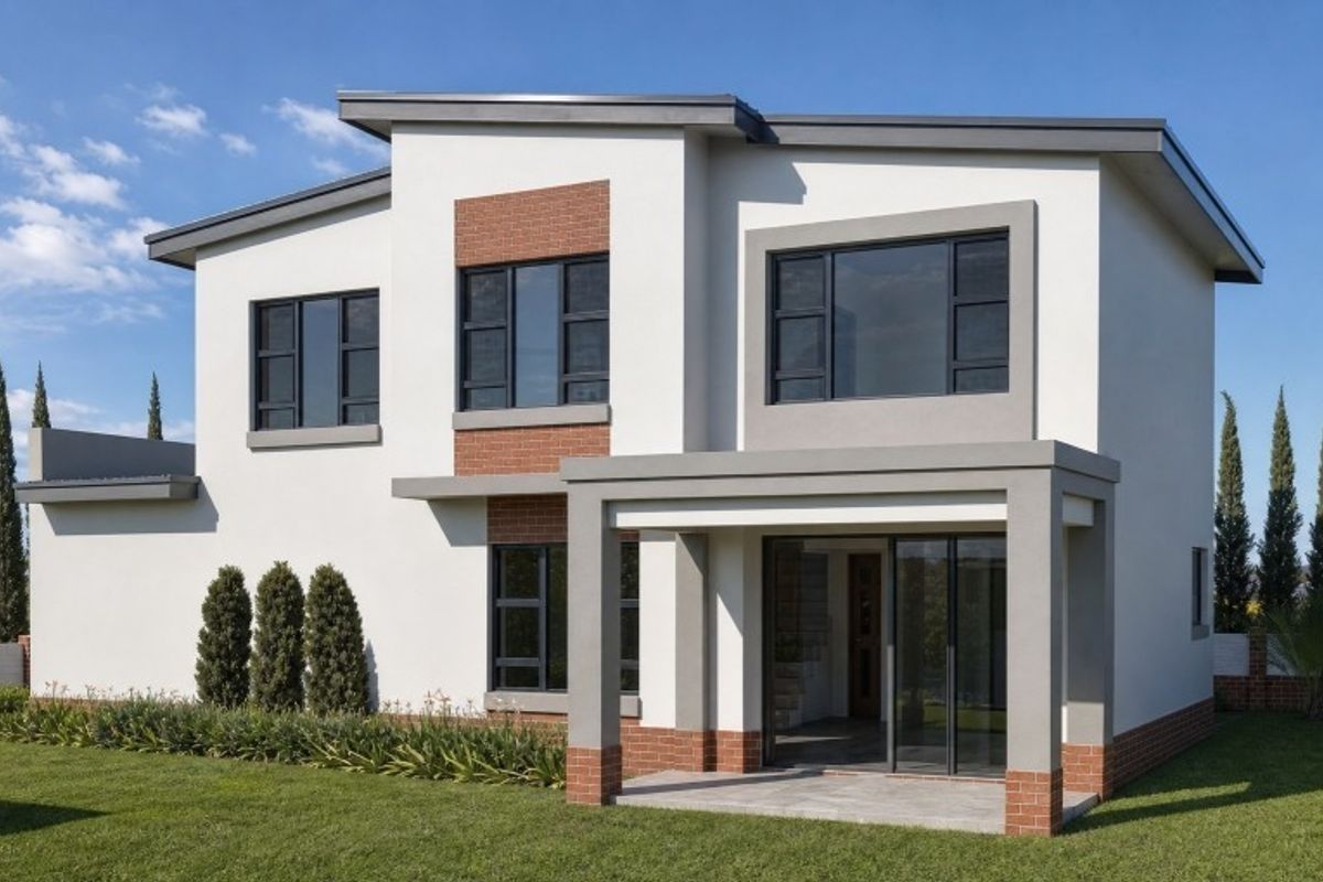 A modern two-story residential exterior featuring a clean white and brick facade, large aluminium windows, and a covered ground-floor patio area.