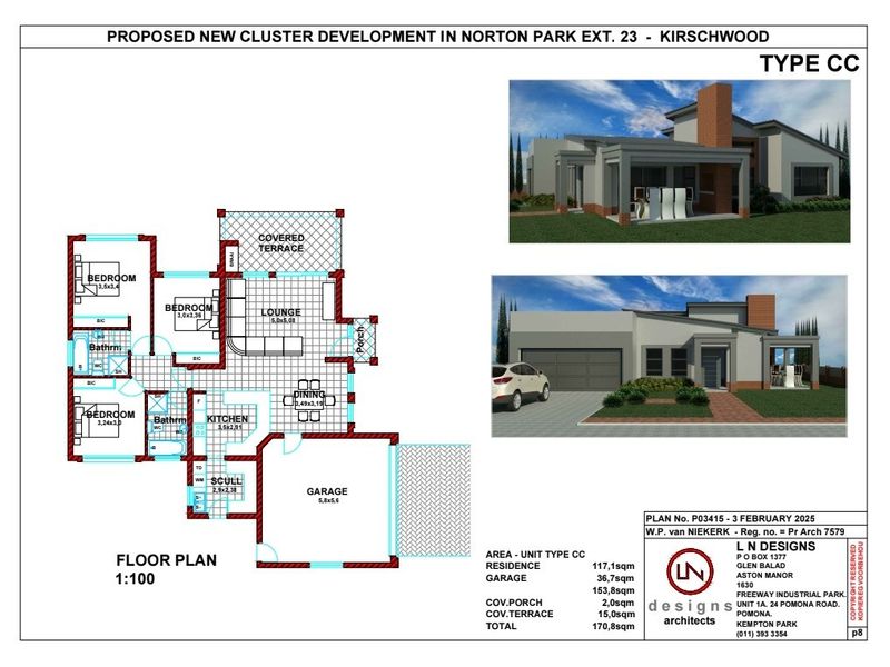 Architectural floor plan and conceptual rendering for a proposed cluster development unit, Type CC, featuring three bedrooms and a double garage.