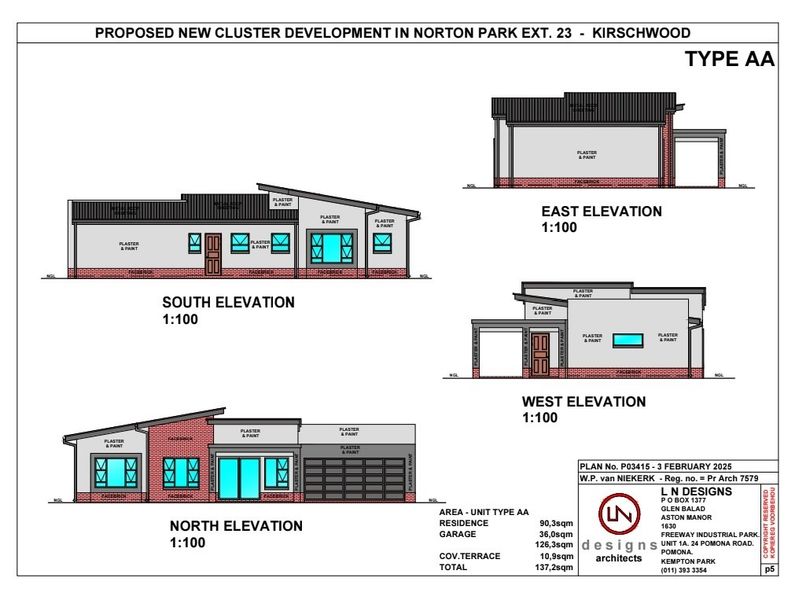 Architectural elevation drawings for Type AA cluster development, detailing exterior finishes and building dimensions.