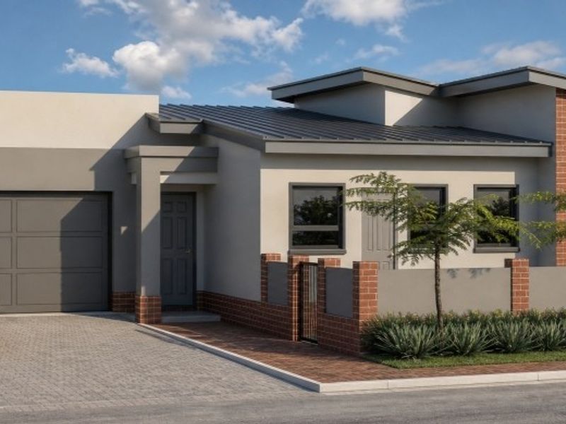 Modern single-story house exterior featuring a brick and plaster facade, metal roof, paved driveway, and a secure garage.