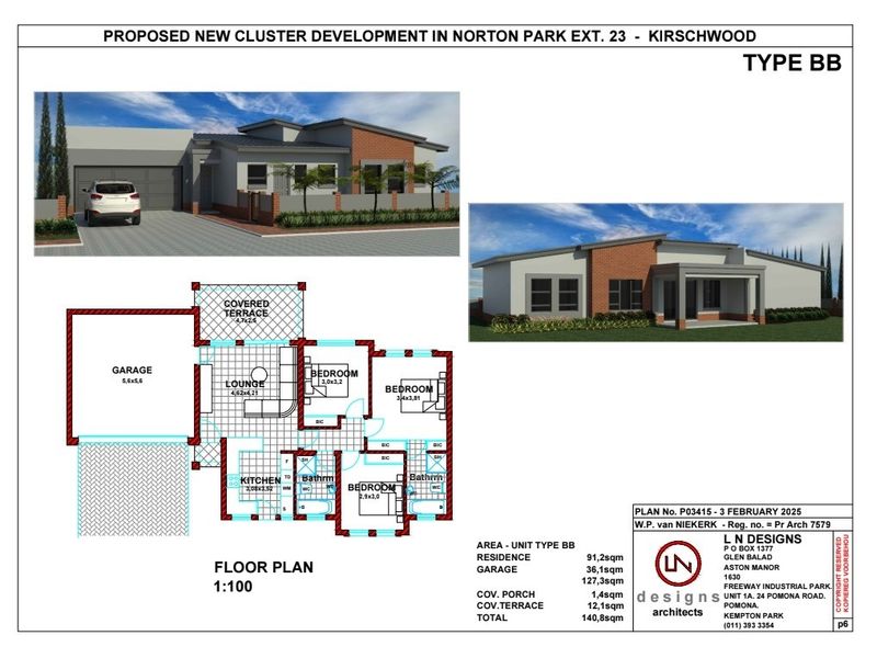 Architectural floor plan and 3D exterior renderings for a proposed residential cluster development unit, Type BB, featuring a garage and covered terrace.