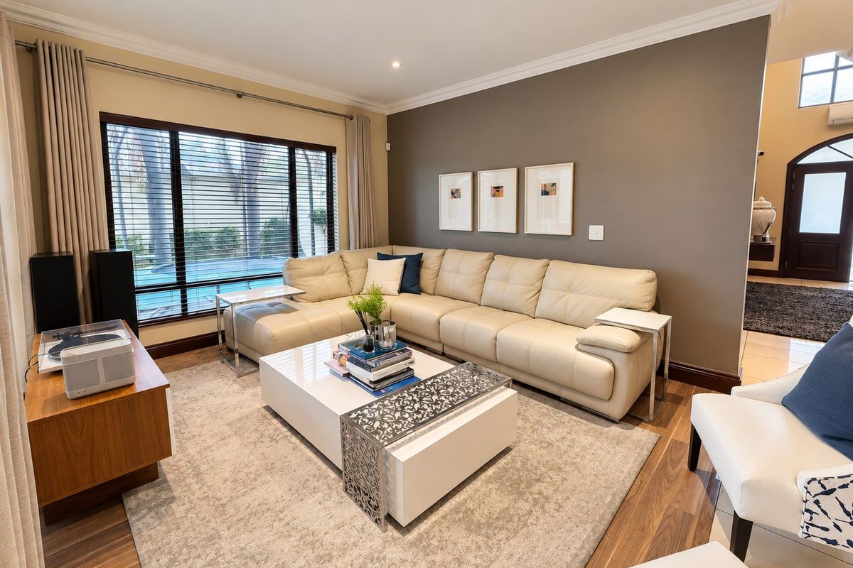 A well-maintained living room featuring timber flooring, recessed downlighting, crown molding, and a large window overlooking the pool area.
