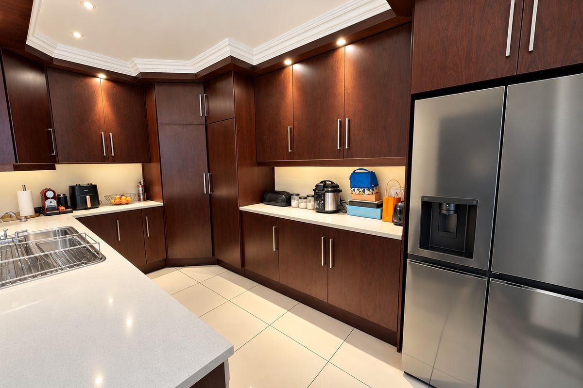 Modern kitchen featuring dark wood cabinetry, quartz countertops, integrated refrigerator, and recessed lighting with a clean, functional layout.