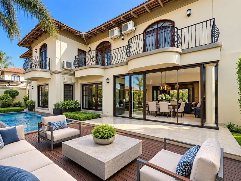 Rear elevation featuring a swimming pool, timber deck, tiled patio, and upper-level balconies with wrought iron railings, seamlessly connecting to the interior living space.