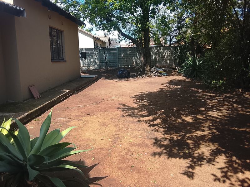 A rear garden area featuring a precast concrete boundary wall, a concrete pathway along the house, and a large mature tree.