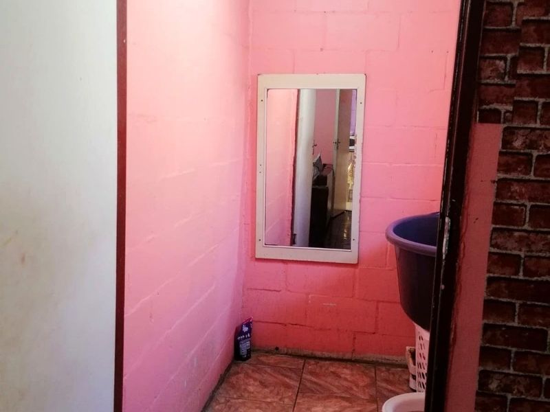 A small bathroom featuring tiled flooring and pink painted blockwork walls, currently requiring significant cosmetic updates and finishing work.