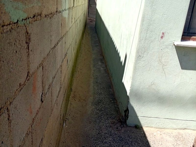 A narrow side passage between the house exterior wall and a concrete boundary wall, featuring a concrete pathway.