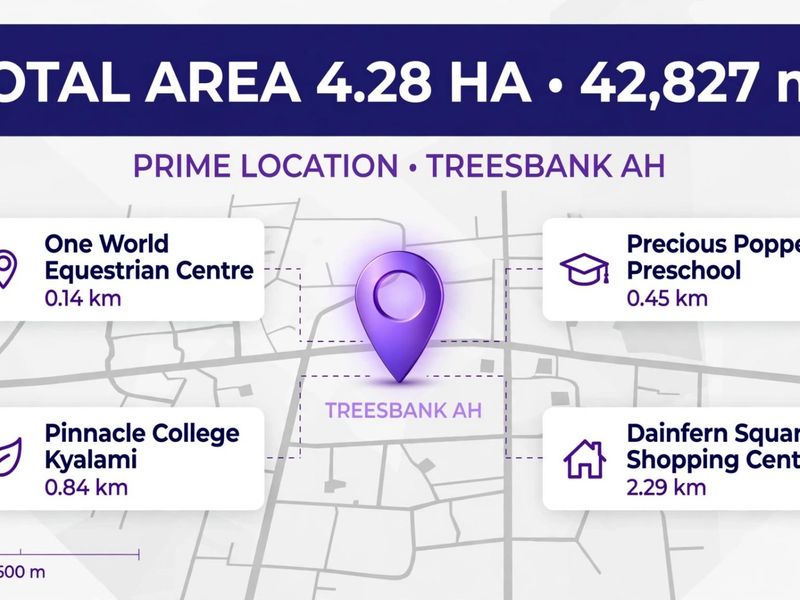 A location map highlighting the property's proximity to local amenities including schools, shopping centers, and equestrian facilities in Treesbank AH.